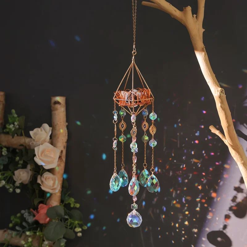Gold Wire Cage Crystal Suncatcher Colorful Hanging Rainbow